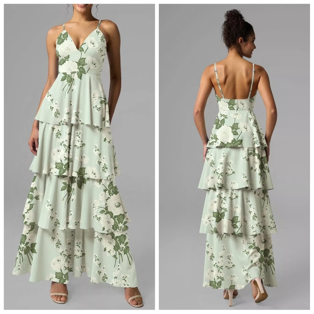 AW Bridal Lachlan Moss Green Satin Tiered Bridesmaid A-Line Dress US 6 NWOT